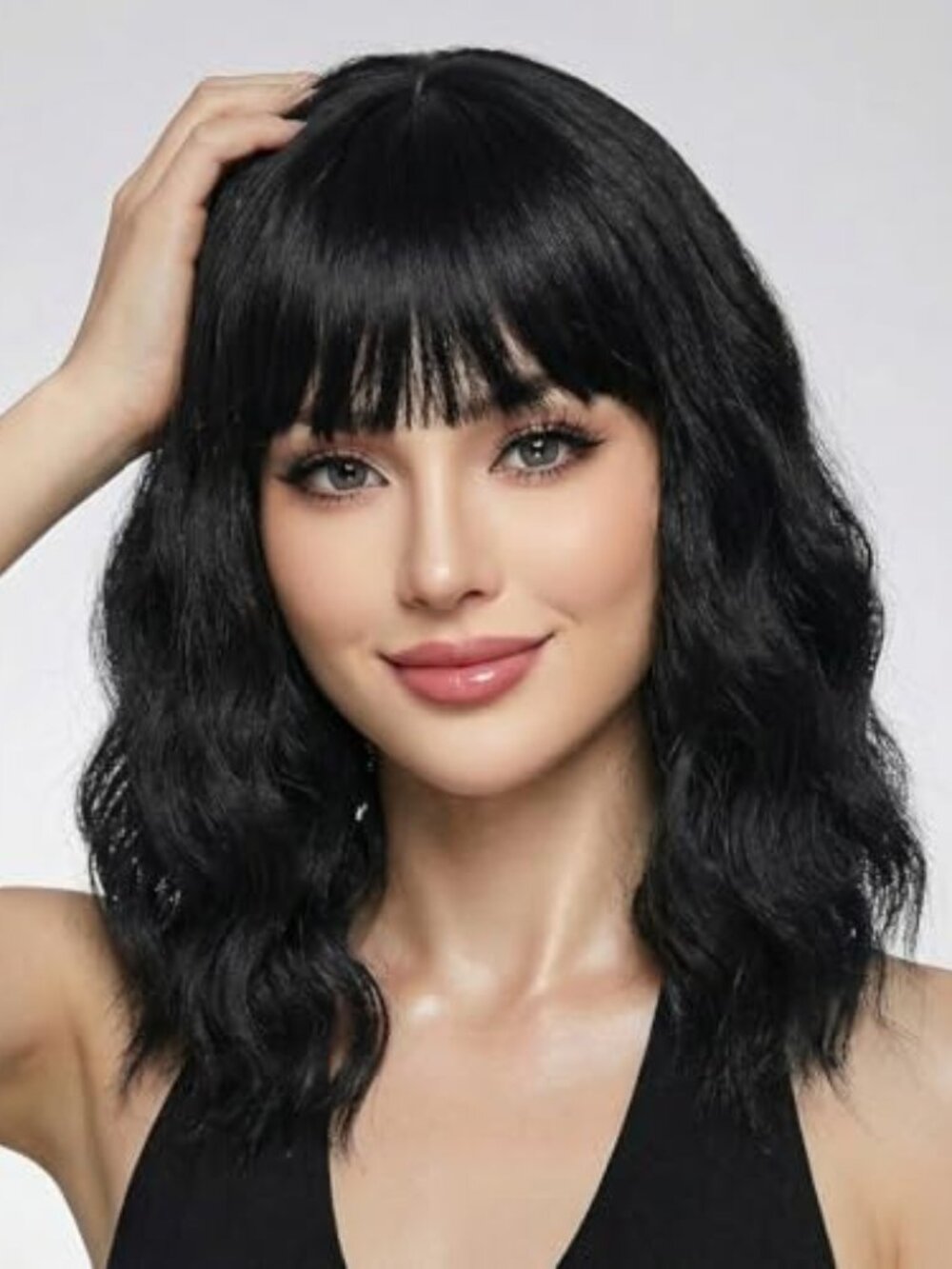 Pastel Black Wavy Bob Wig for Women, Short Shoulder Length Synthetic Wig